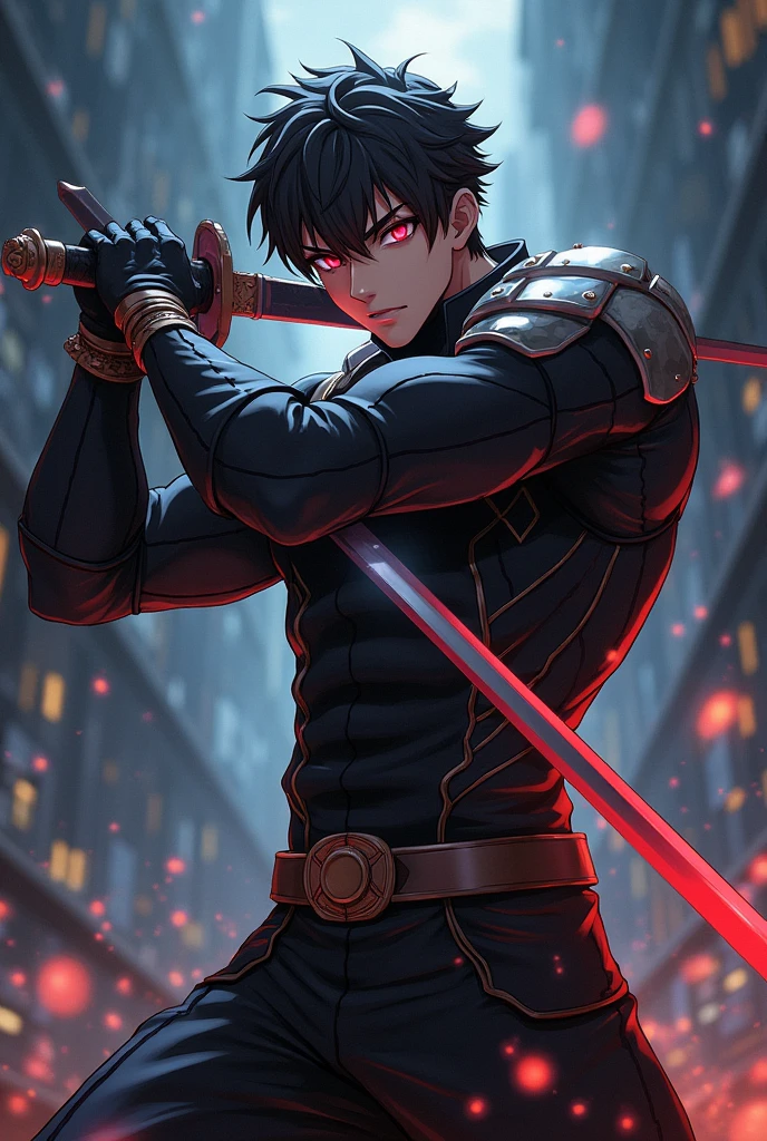 anime man with a sword and red eyes