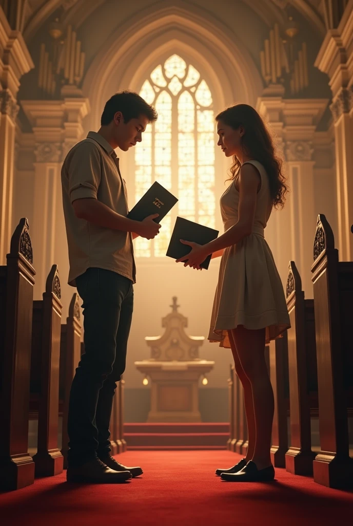 A young man and a young woman in a competition with a bible in each of their hands inside an evangelical church