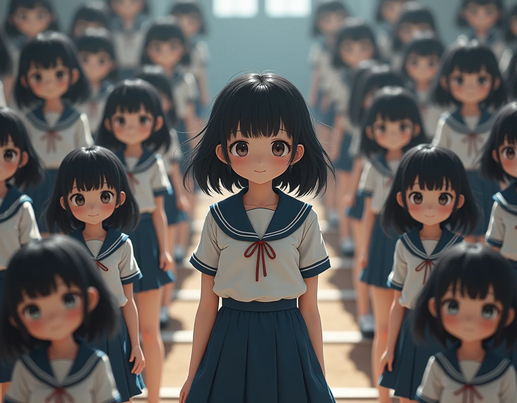 (Japanese Clone-girls=Myself), (Super Best masterpiece Clone-girls Raw Photography Art), (16K, Highest quality, Ultra-high resolution, RAW Photos), (It's so unrealistic., With unparalleled depiction, With an unfathomable sight, An unprecedented and shocking worldview, Clone-girls: In a world of mass reproduction, Ultra-realistic), (Japanese Girls, Suzuki-Rio, , Small face, Thick black hair, long hair, Dark Eyes, Matue, Cute Smile, Smiling face, A gentle gaze, Very pleasant look), (Very beautiful detailed girls, Accurate body structure, Accurate body movements, Very detailed body, (Super big breastlge of ample breasts)), ((Schoolgiorm, Short sleeve, mini skirt, Emphasise the fullness of your breasts)), (Very detailed, Mloning, Depiction of splitting oneself, 1Myself girl→1,000,000,000,000,000,000,000,000,000,000Myself cloning girls), (Myself clone girlsは, With the same perfect appearance without any difference, to multiply in large numbers), ((Very detailed depiction, Myself's multiplying female body, In the same female body,With the same face, With the same hairstyle, In the same clothes, At the same height, 同じSuper big breastsで, A completely indistinemale body, 1,000,000,000,000,000,000,000,000,000,000 people)), (Myself girls only), (Academy, academic level, Commemorative photo depiction, Tiered stage photography, Happy smile, Front view)