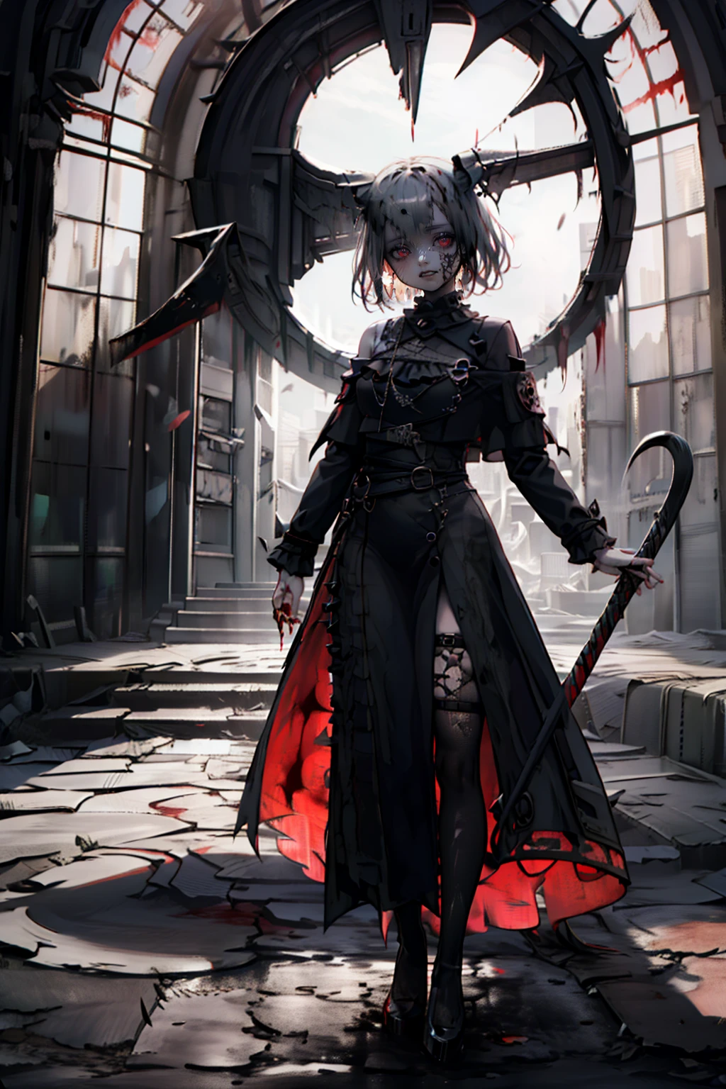 shaded face　、beautiful girl、とてもcute天使、Pink Gothic Fashion、cute、Baby Face、smile、Long skirt、Black long boots、.(Highest quality,4K,High resolution,masterpiece:1.2),Very detailed,Realistic:1.37,Spooky altar background,Dark fantasy,Red color scheme,Ominous atmosphere,Eye-catching,Storytelling,anatomy,Anime Style,Concept Art,beautiful細部までこだわった顔と (((Red eyes ))),A terrifying ritual ,Satanic Ritual,Premature death,inappropriate behavior,クレイジーなsmile,Scythe Face,Girl Monster, beautiful, Delicate facial features, Sharp Eye, Sharp Fangs, pale skin, Dark Background, Cinema Lighting, Dramatic Shadows, Gothic style, Gloomy atmosphere, Dark fantasy, one person&#39;s, Please open your mouth wide, Open your mouth and baring your teeth,Sharp teeth like a beast, Wide lips, very wide mouth, Vermilion cheeks, ,(Blood splatter:1.4),Scary smile, smile,Angel Design, Twisted smile、Bloody、bleeding from the head,,,,,、Blood splatter、,(Blood splatter:1.4),skull,Demon Spear,Horror Style, ((Fantasy Sweet Ta Frill Pink Costume)), ((Flowing blonde hair)), ,(Blood splatter:1.4),Female curves, Sexy flat stomach, Perfect hands, Perfect anime face, (Pink Tata Dress)), Are standing, ((邪悪なsmile)), ,(Blood splatter:1.4), Steam circulates, Moonlight Illumination, night lighting, (Blood splatter:1.6),アニメAngel Design, Twisted smile、Bloody、bleeding from the head,,,,,、Blood splatter、,(Blood splatter:1.4), skull,Gothic architecture、Western architecture、Fantasy World、,Victorian cities, Skeleton Gas Light,Absurd, High resolution、 ((Tabletop)), ((Highest quality)), (Very detailedな), ((Very detailed)), (beautiful), ((cute)), (NFSW:1.8), alone,(:1.6)、(world&#39;The most terrifying and creepy demon girl:1.5)beautiful face、Whole Body Ezbian、pale, beautiful肌、beautiful金の髪、優しくsmileむ、Dark building ruins、(snow white&#39;Frill dress:1.3)、(The dark ruins are stained with blood:1.3)、Low angle full body shot、(少女は血の海の中にAre standing:1.5)、(The ground is full of blood:1.3)、(The girl lost a lot of blood....:1.3)、(クレイジーなsmile:1.6)、Spirits、(Blood dripping from the mouth:1.3)、
