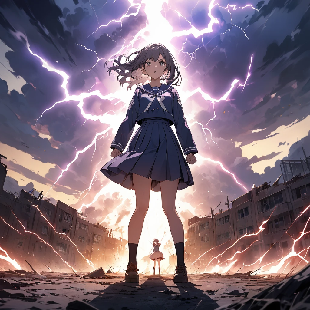 masterpiece、Bold, anime-style illustration、Dense painting、Humorous and crazy。1 high school girl、Cinematic lighting、「Awakening」A transformative and inspiring theme、Clench your fists、A high school girl standing up strong、The background is a desolate land、Lightning strikes her。