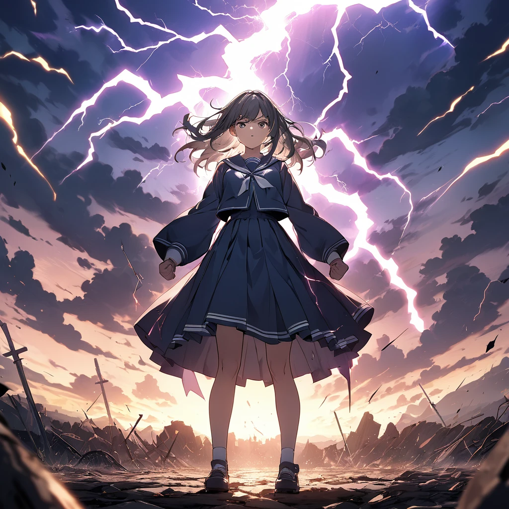 masterpiece、Bold, anime-style illustration、Dense painting、Humorous and crazy。1 high school girl、Cinematic lighting、「Awakening」A transformative and inspiring theme、Clench your fists、A high school girl standing up strong、The background is a desolate land、Lightning strikes her。