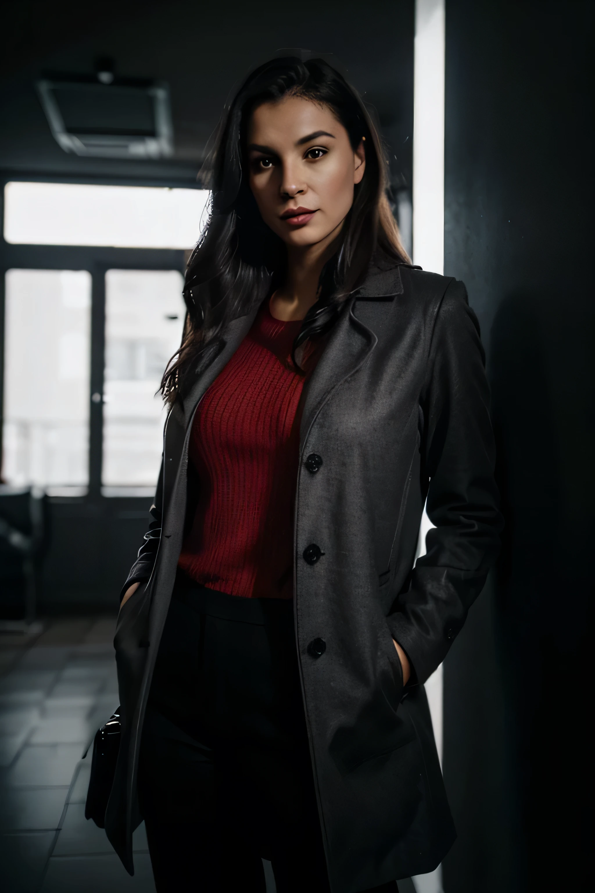 a beautiful woman, Brunetette, researcher in a city, wearing a gray overcoat, red wool shirt, black pants, Noir style, 8k, hyperdetailed, photo real, Artificial lighting, natural pose, photorealistic, real person, grain, silhouette