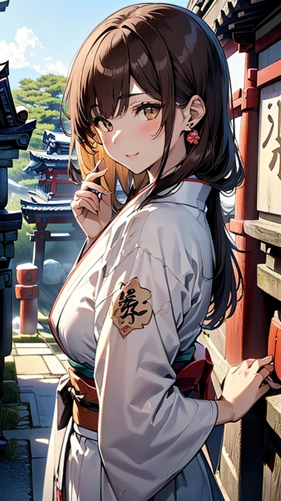 ((1girl, female, European woman, pale skin, brown hair, long hair, makeup, pierced ears, jewelry, green kimono, kimon:1.2)),(masterpiece), (((highest quality))), ((Super detailed)), ((Ultra-fine illustrations)), ((Ultra-fine painting)), (16K Highest quality wallpaper:1.4), (Upper Body:1.6), High resolution, (Highly detailed and subtle illustration style:1.8), Detailed skin texture, Detailed cloth texture, green kimono, Very detailed explanation, (Tmasterpiece), (Highly detailed face:1.2), (Very detailed beautiful eyes:1.2), original, RAW Photos, Professional, Intricate details, Super Detail, Direct sunlight:1.6, (Perfect Anatomy:1.4), (Extremely elaborate hands:1.2), (Highly detailed fingers:1.2), (Very dexterous fingers:1.2), (2), Genuine, (alone:1.6), (A traditional Japanese sacred shrine maiden:1.4)), (long flowing green kimono), (Beautiful and well-shaped medium breasts:1.2), (Beautiful and shapely butt), (Clear brown eyes that shine beautifully in every detail:1.6), (Very delicate and detailed brown eyes:1.2), (Highly detailed face:1.4), (smile:1.3), (blush:1.2), (facing viewer, looking forward,) break, (Japan shrine, Colorful and divine々Beautiful traditional shrine maiden costume:1.4), (Traditional Japanese clothing:1.2) break (Highly detailed and beautiful Ise Shrine in Mie Prefecture just after noon in spring in the background:1.6), Ise Shrine:1.2, Torii gate of Ise Shrine:1.2,  The precincts of Ise Shrine:1.2, Very beautiful against the clear sky after noon.:1.2 brake 