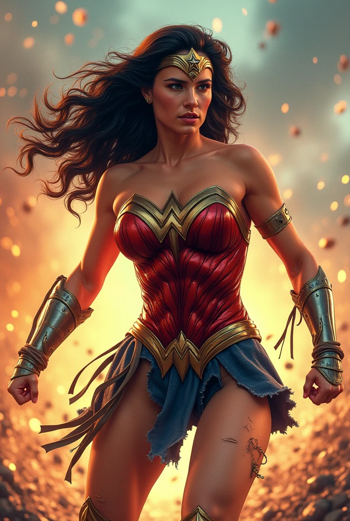 a female superhero, Wonder Woman, muscular body, ripped clothes, dynamic pose, action scene, comic book style, vibrant colors, dynamic lighting, detailed rendering, 4k, highly detailed, photorealistic