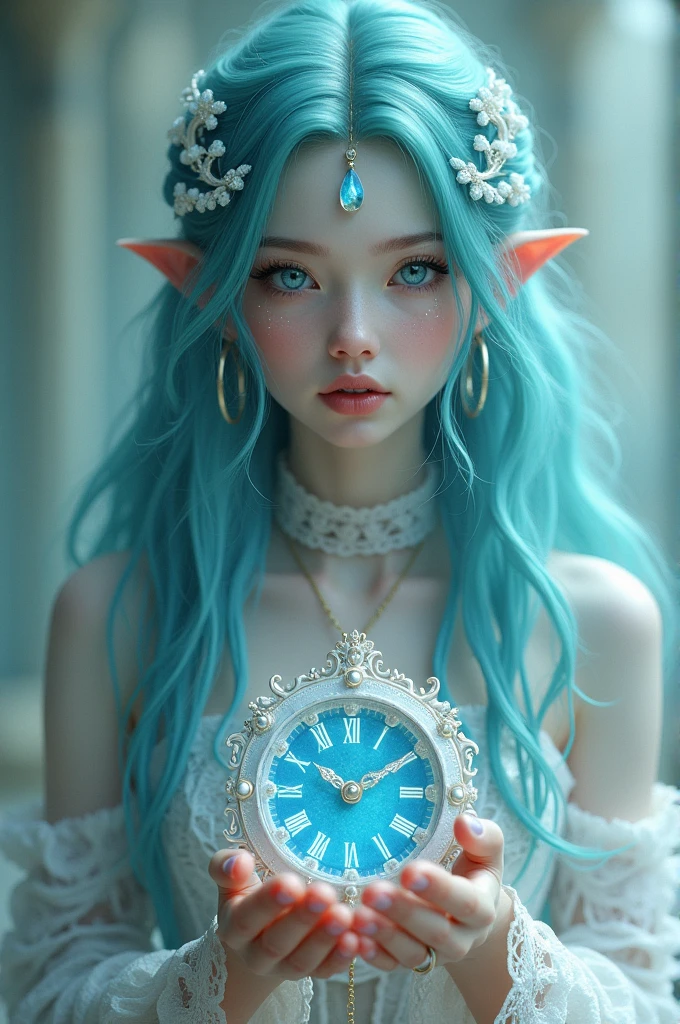 A character with auzl clock with white details white with blue eyes blue green hair and white skin color
