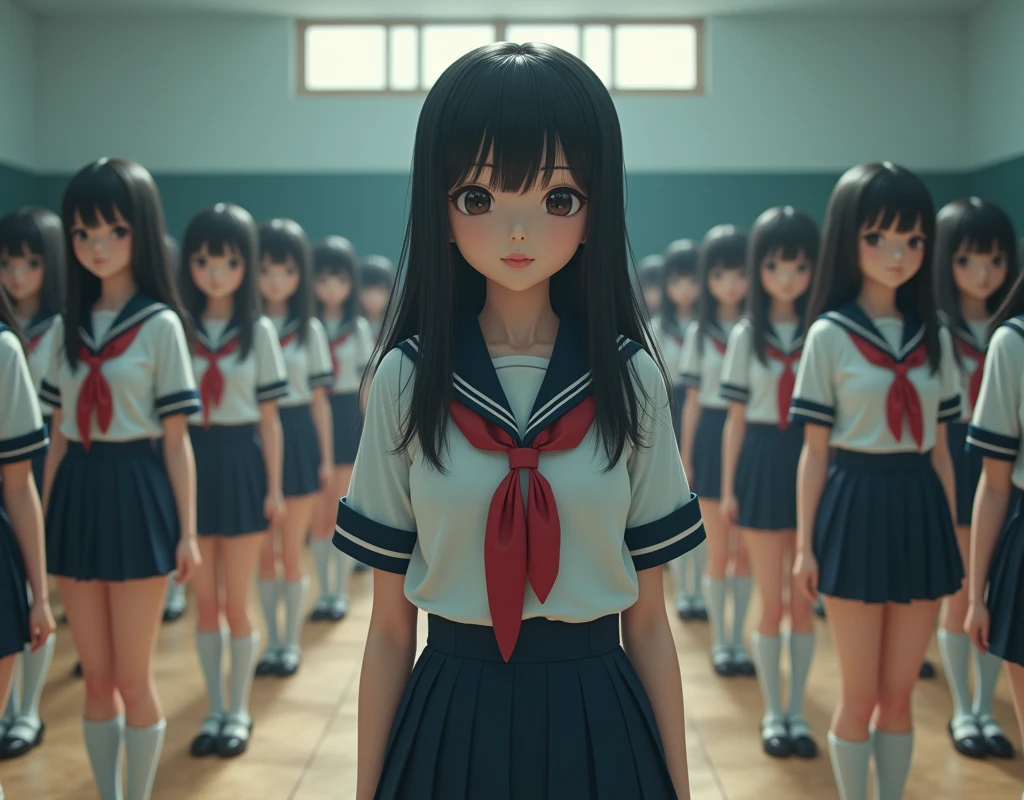 (Japanese Clone-girls=Myself), (Super Best masterpiece Clone-girls Raw Photography Art), (16K, Highest quality, Ultra-high resolution, RAW Photos), (It's so unrealistic., With unparalleled depiction, With an unfathomable sight, An unprecedented and shocking worldview, Clone-girls: In a world of mass reproduction, Ultra-realistic), (Japanese Girls, Suzuki-Rio, 16yo, Small face, Thick black hair, long hair, Dark Eyes, Mature face, Cute Smile, Smiling face, A gentle gaze, Very pleasant look), (Very beautiful detailed girls, Accurate body structure, Accurate body movements, Very detailed body, (Super big breasts, Large bulge of ample breasts)), ((Schoolgirl uniform, Short sleeve, mini skirt, Emphasise the fullness of your breasts)), (Very detailed, Myself cloning, Depiction of splitting oneself, 1Myself girl→1,000,000,000,000,000,000,000,000,000,000Myself cloning girls), (Myself clone girlsは, With the same perfect appearance without any difference, to multiply in large numbers), (Very detailed depiction, Myself's multiplying female body, In the same female body,With the same face, With the same hairstyle, In the same clothes, At the same height, 同じSuper big breastsで, A completely indistinguishable female body, 1,000,000,000,000,000,000,000,000,000,000 people), (Myself girls only), (Academy, academic level, Commemorative photo depiction, Tiered stage photography, Happy smile, Front view)