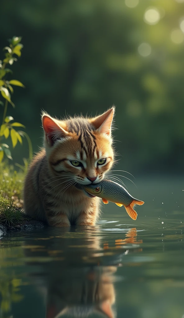 (photorealism:1.2), a lone cat fishing in its mouth