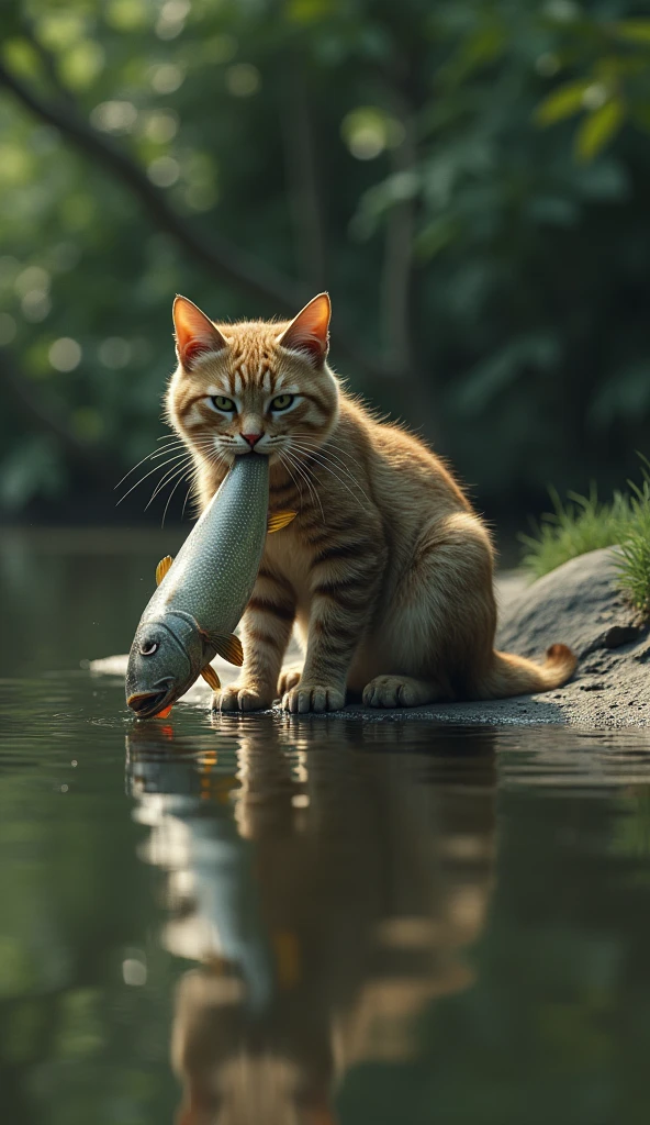 (photorealism:1.2), a lone cat fishing in its mouth