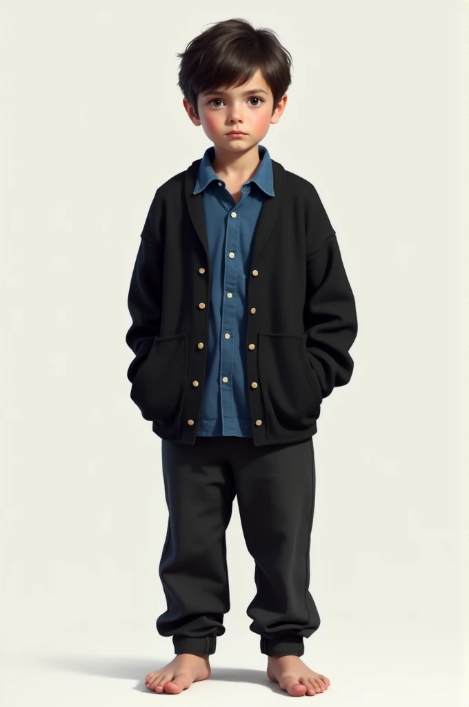 Generates an image of a  boy in a black sweater, barefoot, The sweater is open and has black pants and a blue shirt under the sweater.