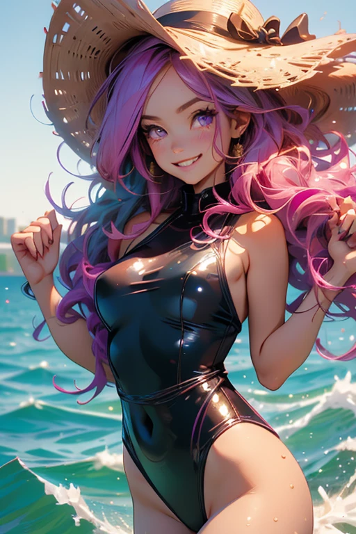 Perfect face. Perfect hands. A pink haired woman with violet eyes and an hourglass figure in a cute one-piece swimsuit is smiling in the waves