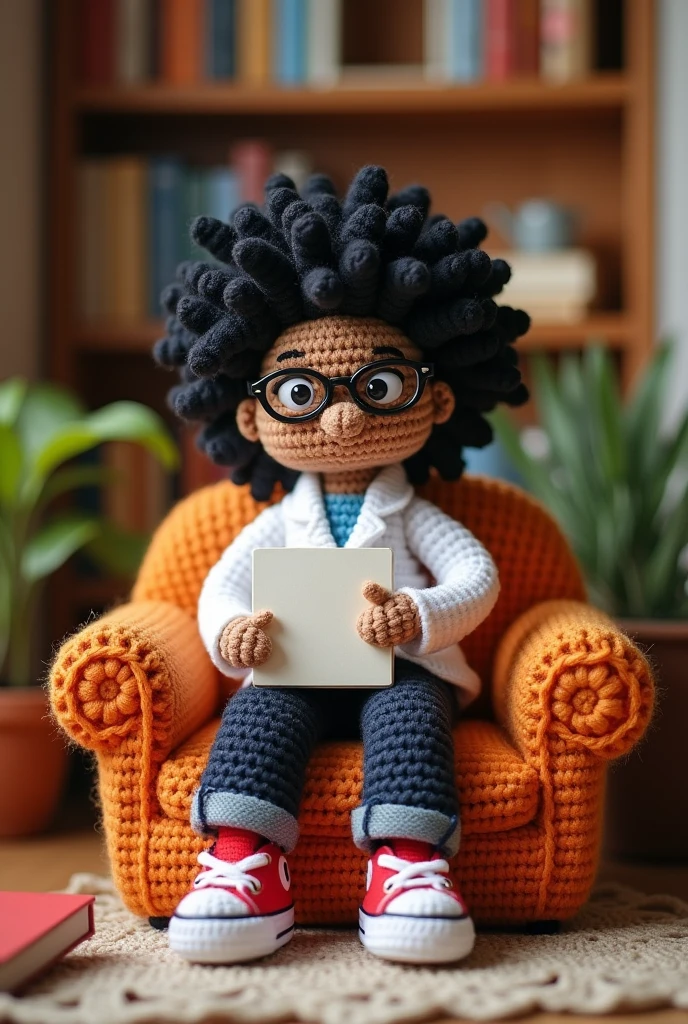 Create a psychologist in amigurumi, white ,medium curly black hair, camisa white se croche, dark jeans, red al star tennis shoes, sitting in a comfortable chair in the office, with block in hand, with glasses.