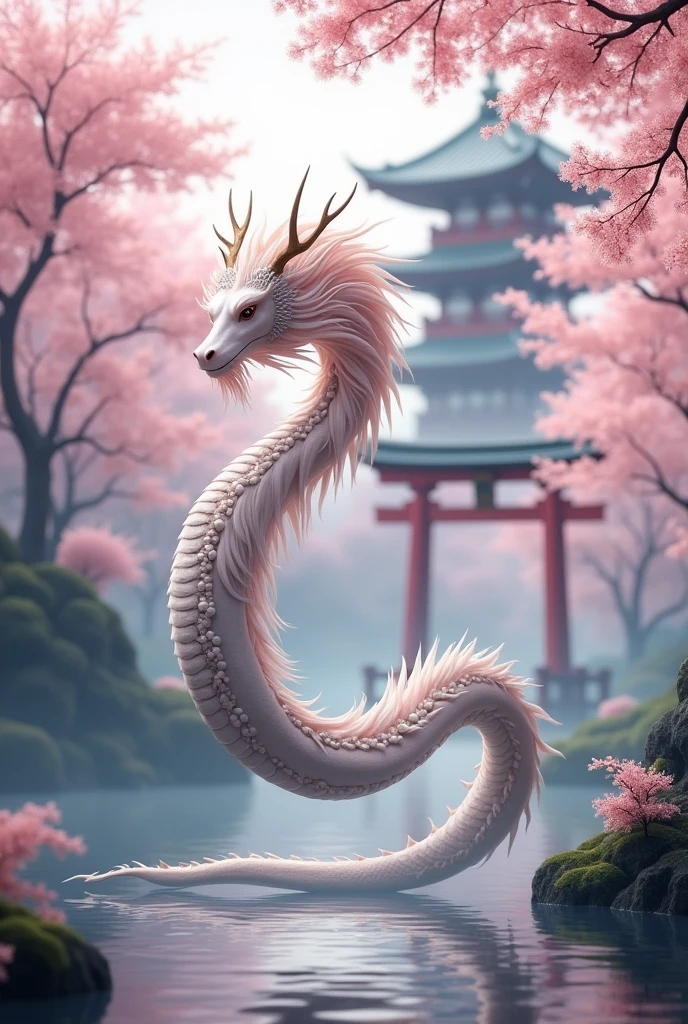 A sleek, slender Japanese dragon with a flowing, serpentine form and pearl-like orbs along its body. It has antler-like horns and a long, flowing mane, moving elegantly through cherry blossom trees. The backdrop includes traditional Japanese architecture, such as a torii gate and a serene koi pond."