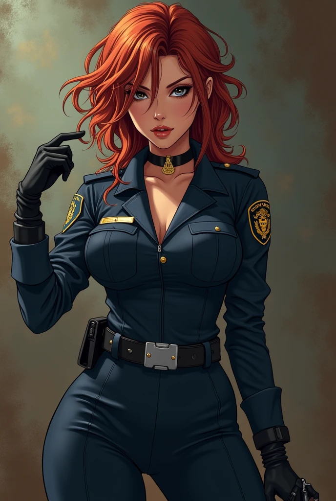 A fiercely glamorous woman in a stylized, yet more realistic approach to the Japanese retro anime style of the 80s and 90s commands attention in a full-body portrait. She exudes confidence with her tousled, vibrant hair, adorned in police uniform, and long, fitted gloves. The image, whether a photograph or highly realistic digital art, captures her captivating presence with rich, subtle colors and intricate details, blending the line between fantasy and reality. Her enigmatic gaze, accentuated by bold, yet natural-looking makeup and accessories, adds an air of mystery and allure.