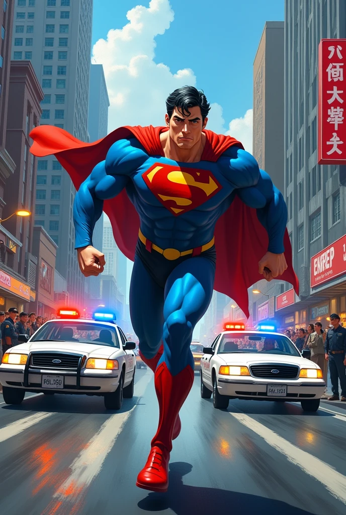3D anime oil painting of Superman running away from police and people watching the scene