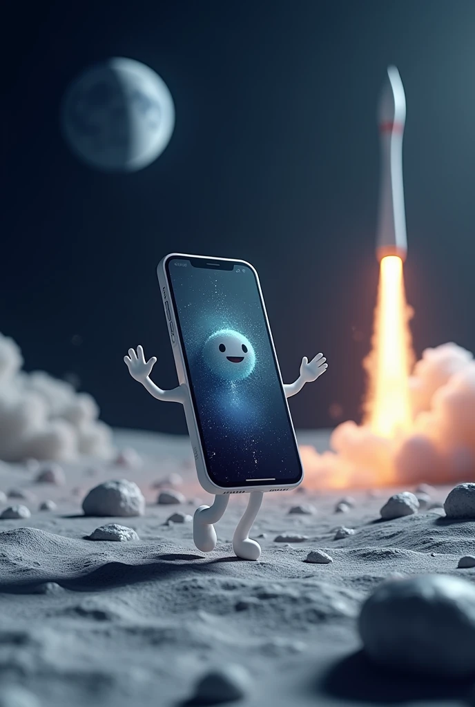 Mobile phone dancing on moon with rocket