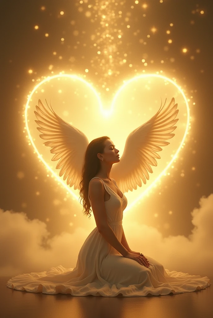 in side a big golden transparent  heart  20 year  girl praying and  big white dove ,wings open stays flaying above head, looks like inside heart,like inside awomb