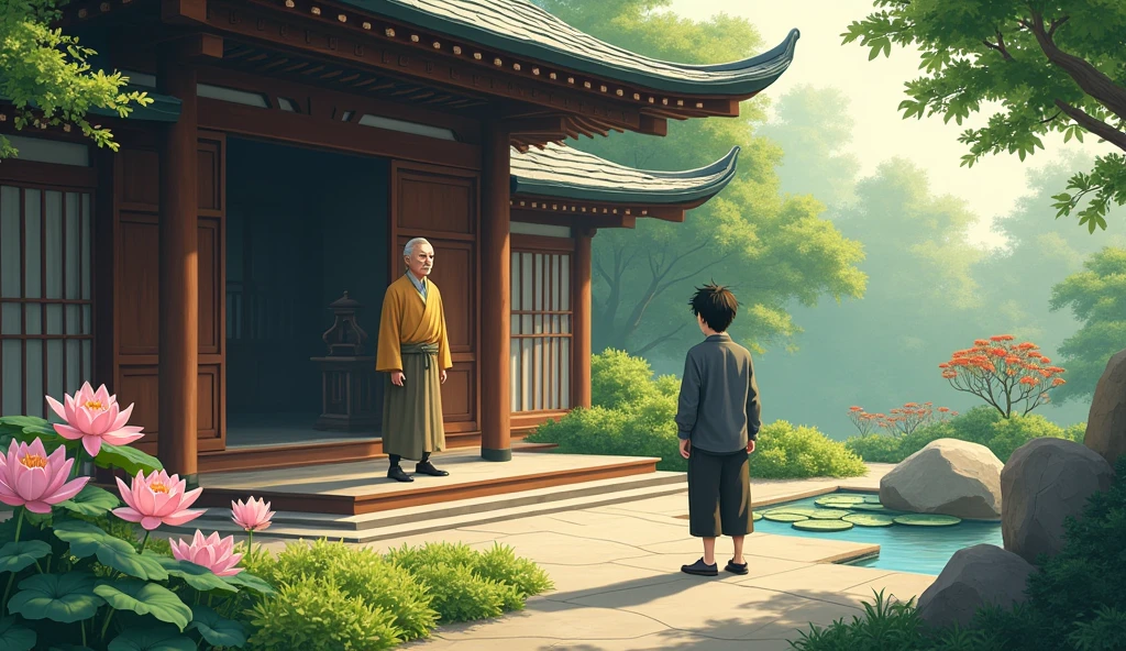 This passage beautifully captures a moment of vulnerability and the search for peace. Here's an image prompt that reflects this scene:

**Image Prompt:**
"Hiro, a young man with a troubled expression, stands at the entrance of a Zen temple. A gentle breeze rustles the leaves and carries the sweet scent of blooming lotus flowers from a nearby pond. Master Koji, an elderly man with a calm and serene demeanor, is tending to a small garden within the temple grounds. The garden is filled with carefully arranged rocks, blooming flowers, and a small pond. The scene is bathed in soft, warm light, creating an atmosphere of tranquility. Hiro approaches the master, his face showing signs of desperation and confusion, while Master Koji, though aged, moves gracefully, embodying peace and wisdom."