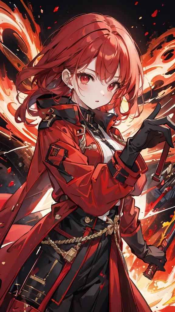 (best quality, Vibrant colors:1.2),red bobblehead doll,Vibrant red eyes,Black military uniform and red trench coat,Red gloves,cockfighting，Armor that glows with fire