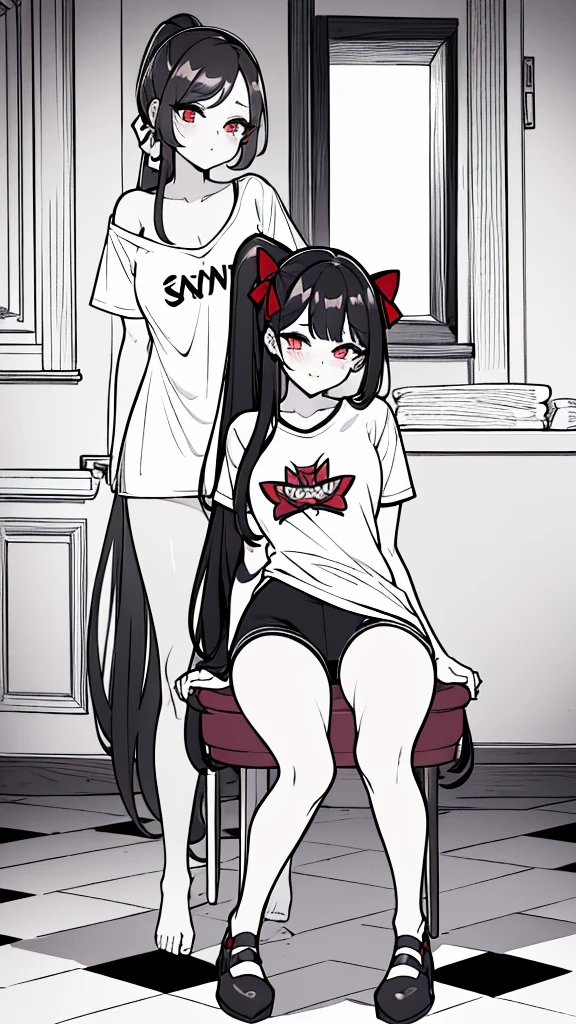 using pantimedies, wavy black hair, piercing look with deep red eyes, average stature, Waist length hair, Silky hair with a ponytail hairstyle collected with a red bow with two white lines, has a vagina, has breasts, cup of breasts, small breasts, slim, foreground, Session, sitting in her room, standing in his room, wearing pantyhose, using pantimedies, Picardias, neckline, looking at the viewer, lascivious smile, ((oversized t-shirt)), off the shoulders, without pants, washing machines, thighs, ((White T-shirt)), standing, hands on the hips,, shoes, blush, from below, thighs gorditos, thighs grandes, big ass