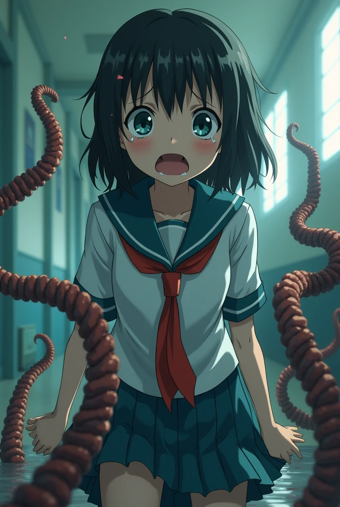 A girl's lower_body is transformed into a tentacles(Japanese anime style)(scared and crying)(student costume)