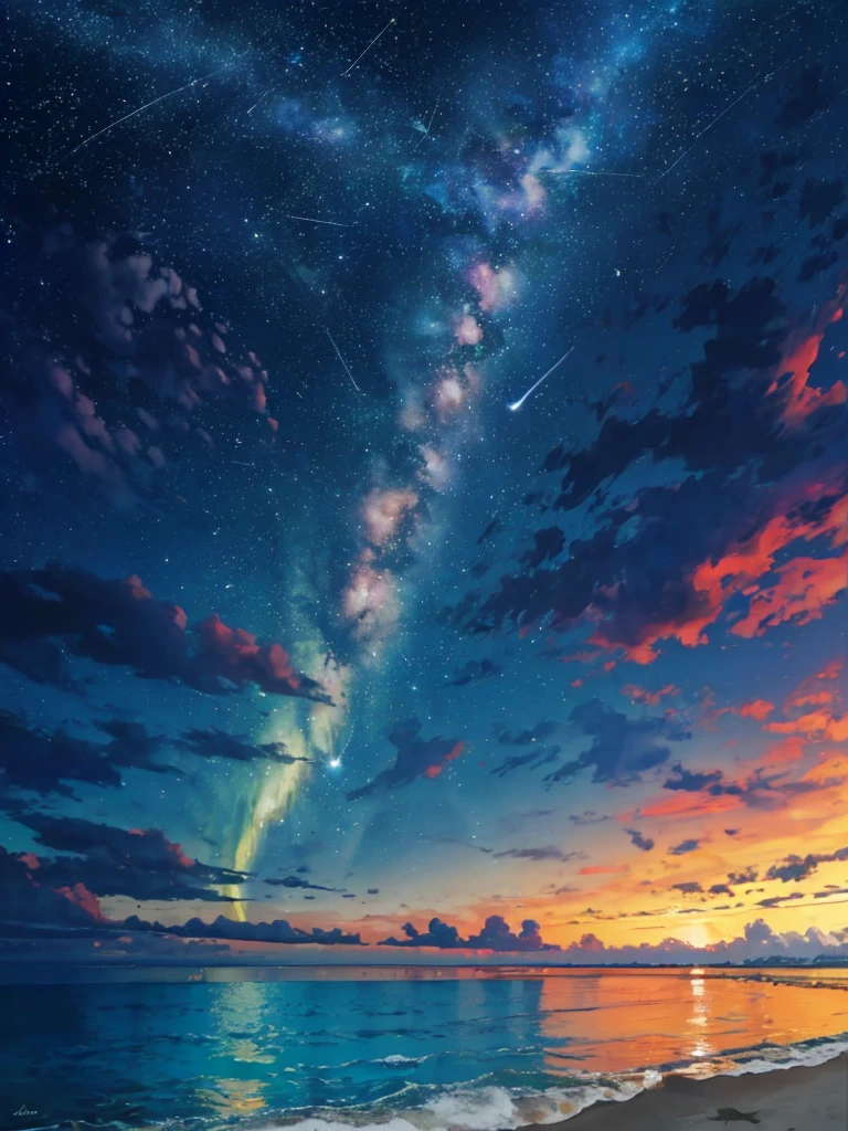 (zoom:1.1), (meteor shower:1.2), (comet:1.1), low angle, arora borealis, shooting star, top quality, masterpiece, clouds, colorful, southeast Asian beach, summer, seascape, small islands