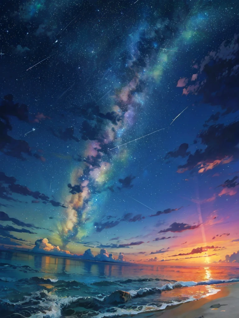 (zoom:1.1), (meteor shower:1.2), (comet:1.1), low angle, arora borealis, shooting star, top quality, masterpiece, clouds, colorful, southeast Asian beach, summer, seascape, small islands