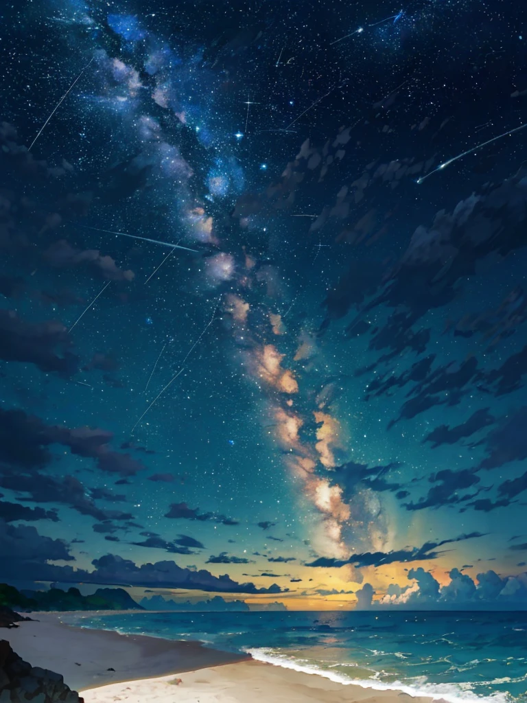 (zoom:1.1), (meteor shower:1.2), (comet:1.1), low angle, arora borealis, shooting star, top quality, masterpiece, clouds, colorful, southeast Asian beach, summer, seascape, small islands