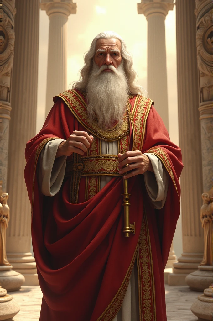 Generate an image of Saint Peter with a classic depiction, holding the keys of heaven, and a background resembling ancient Rome. Include the text 'Saint Peter – The First Pope' in a respectful font.