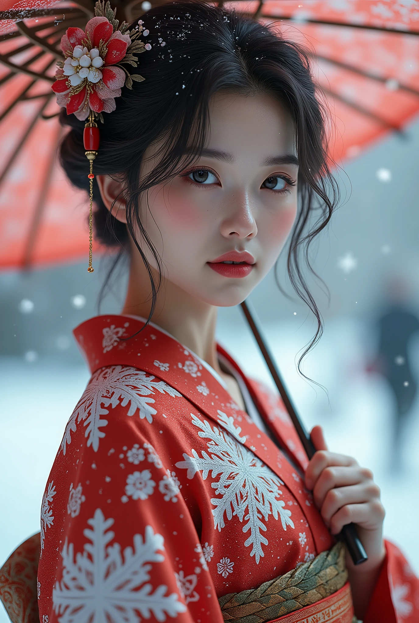 (masterpiece,Highest quality:1.4),(8k,RAW Photos,Photorealistic:1.4),Ultra-high resolution, ,(Glowing Skin:1.4),Detailed肌,Detailed顔,Detailed目,(Beautiful and shining eyes:1.2),Symmetrical eyes,Detailed耳,One person,Natural Makeup,(((Idol))),,Detailed背景,Vivid background,Beautiful and shiny hair,,((Average teenage breasts)),,(Detailed: Sexy Japanese kimono with snowflake pattern,,Snow falling background,Holding an umbrella,mysterious,whole body),,((Sharp Face)),Natural light,,(Very detailed ,,online shopping,LUMINE® Market,),real,,Professional,(Detailed,Location was great.),