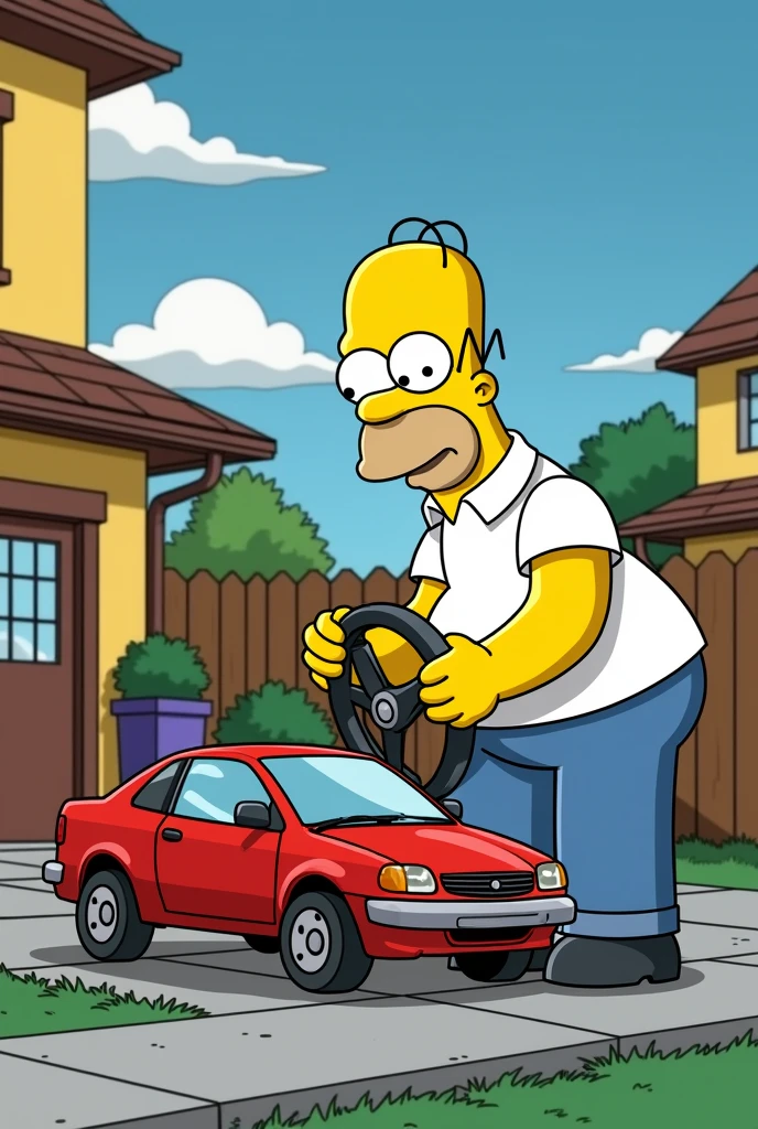 Homer driving a Chevette manages to fix the steering wheel?