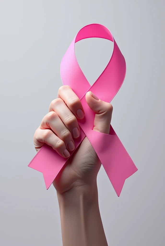 Build me a large realistic hand wrapped around a pink ribbon with light blue fading at the junction representing the breast cancer pink ribbon.