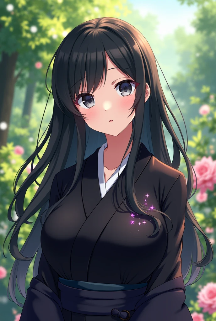 A photograph of the new Demon Slayer character: Lilith Tsumuko. The girl is mature, very beautiful and has long black hair and gray eyes. She wears the organization's black uniform with a white collar that highlights the curves of her body. The girl is wearing a black kimono with some shiny dark purple stars. Lilith is an outgoing person who poses for photos in the Hasiras' garden during the day. Anime trait: Demon Slayer.