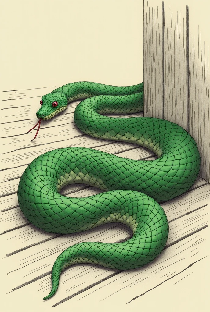 Green snake drawing, on the floor