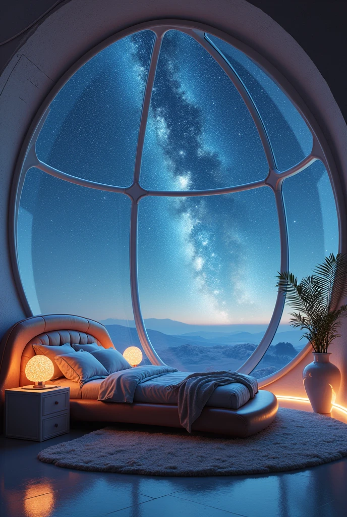 Gorgeous bedroom in a space dome。A fantastical world where you can see twinkling stars and the Milky Way。