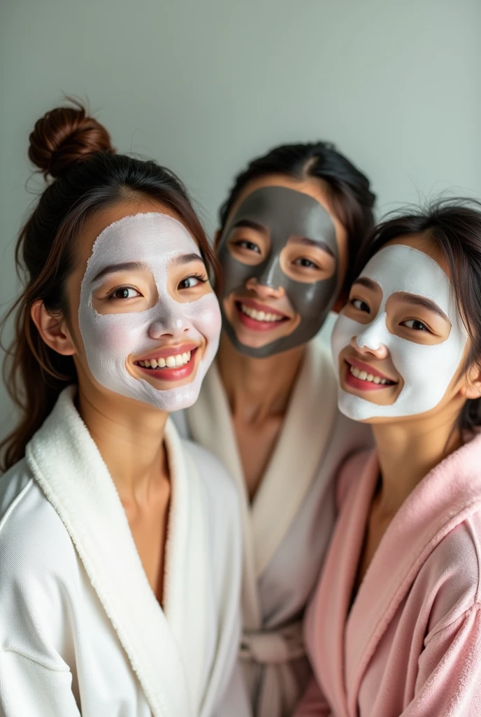 Four Real female asian models creative and aesthetic and playful shoot with applied different face masks like rose,charcoal,coffee,rice in bathrobes