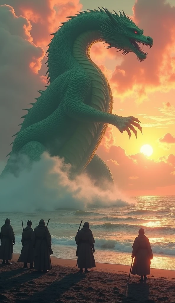 A breathtaking scene of a giant green dragon emerging from the ocean at sunset. The skies are filled with vibrant orange and pink hues, casting a warm glow on the water. Smoke rises dramatically from the ocean as the dragon breaks the surface. On the shore, seven people dressed in traditional ninja outfits stand in awe, watching the colossal creature. The scene is filled with tension and wonder, with the glowing sunset reflecting off the dragon's scales and the ocean mist swirling around them.