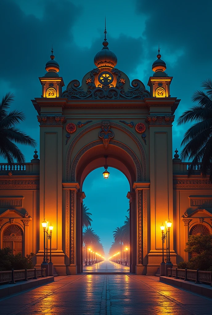 Grande porte d’une ville africaine, ouverte sur un boulevard avec des lampes éclairage public, couleurs jaune, rouge et bleu, avec lumière bleu sombre