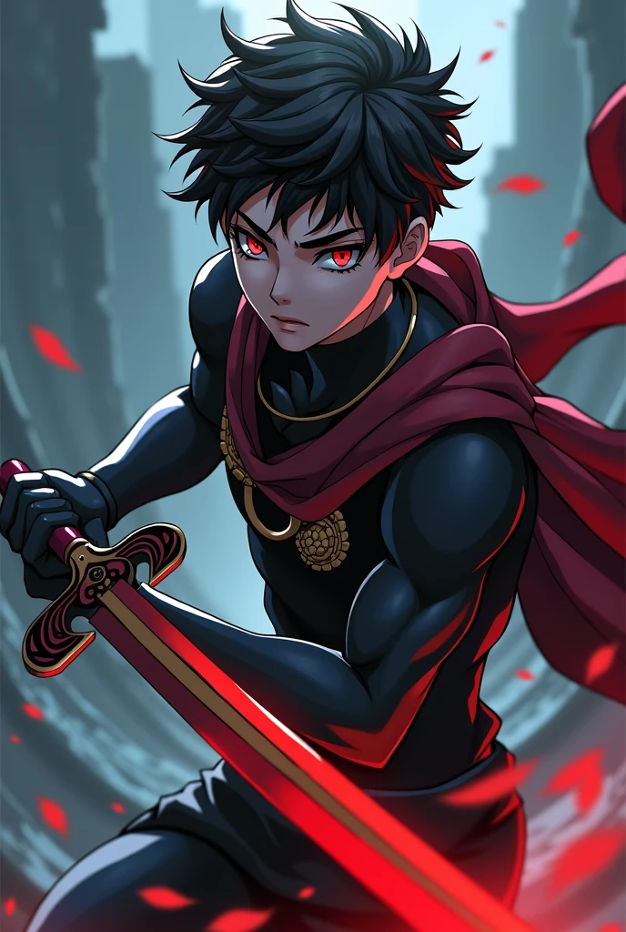 anime man with a sword and red eyes