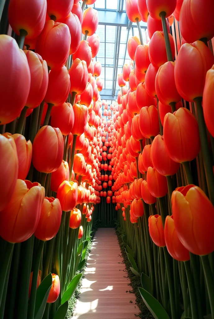 Eye-catching tulip art installation between three walls
