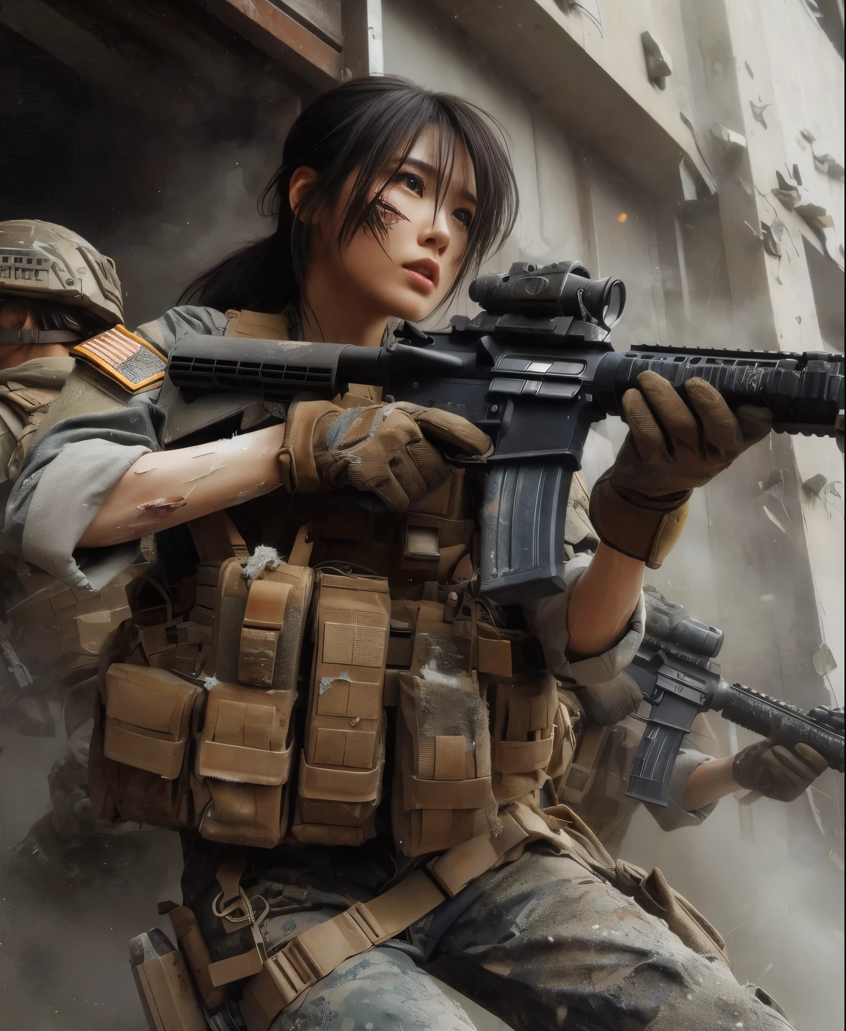 8K, realistic photo, realistic skin texture, Beautiful Japanese women in the US military、Outside the building、explosion、Close call、Walls bursting with debris、They are shouting to evacuate immediately.、Automatic rifle、Bulletproof vest、Back Back、boots、Covered in scars、Grim expression、Dynamic pose、Innovative composition、Dust is flying、傷だらけ