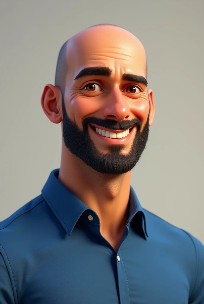 Créer un portrait jusqu'au torse d'un homme chauve, with a very short and well-trimmed beard. Her skin is tanned, d'origine espagnole, et il n'a pas de rides. The character has an athletic body, but not muscular. Il est habillé d'une chemise bleue qui donne une impression très professionnelle. The head should be turned slightly to the right. Le style doit être inspiré de l'animation Pixar, avec des traits doux et expressifs, and a friendly and dynamic overall appearance.
