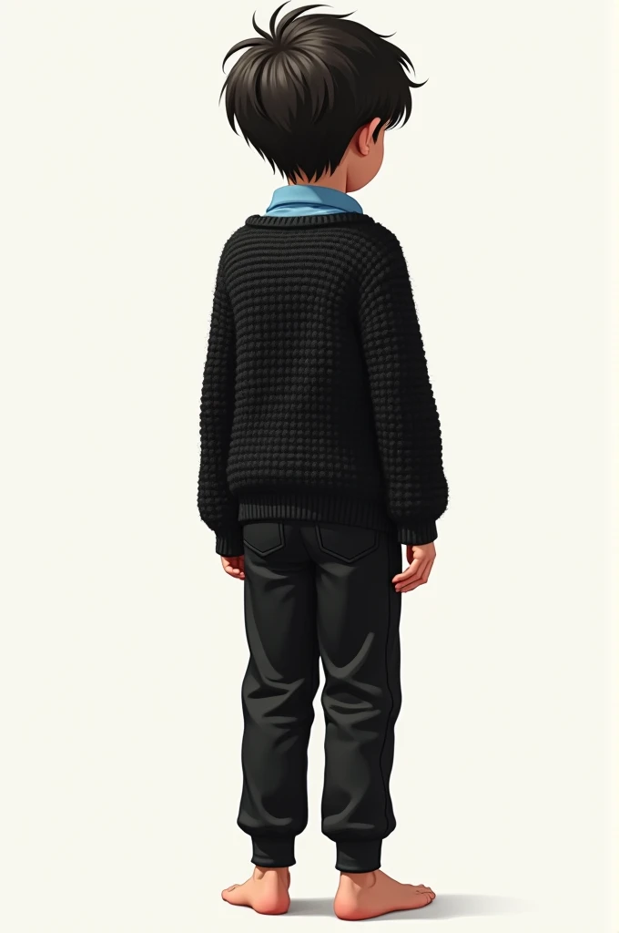 Generates an image of a boy in a black sweater, barefoot, The sweater is open and has black pants and a blue shirt under the sweater from behind.