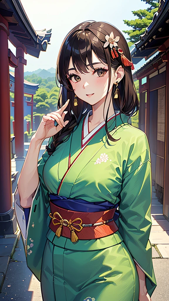 ((1girl, female, European woman, pale skin, brown hair, long hair, makeup, pierced ears, jewelry, green kimono, kimon:1.2)),(masterpiece), (((highest quality))), ((Super detailed)), ((Ultra-fine illustrations)), ((Ultra-fine painting)), (16K Highest quality wallpaper:1.4), (Upper Body:1.6), High resolution, (Highly detailed and subtle illustration style:1.8), Detailed skin texture, Detailed cloth texture, green kimono, Very detailed explanation, (Tmasterpiece), (Highly detailed face:1.2), (Very detailed beautiful eyes:1.2), original, RAW Photos, Professional, Intricate details, Super Detail, Direct sunlight:1.6, (Perfect Anatomy:1.4), (Extremely elaborate hands:1.2), (Highly detailed fingers:1.2), (Very dexterous fingers:1.2), (2), Genuine, (alone:1.6), (A traditional Japanese sacred shrine maiden:1.4)), (long flowing green kimono), (Beautiful and well-shaped medium breasts:1.2), (Beautiful and shapely butt), (Clear brown eyes that shine beautifully in every detail:1.6), (Very delicate and detailed brown eyes:1.2), (Highly detailed face:1.4), (smile:1.3), (blush:1.2), (facing viewer, looking forward,) break, (Japan shrine, Colorful and divine々Beautiful traditional shrine maiden costume:1.4), (Traditional Japanese clothing:1.2) break (Highly detailed and beautiful Ise Shrine in Mie Prefecture just after noon in spring in the background:1.6), Ise Shrine:1.2, Torii gate of Ise Shrine:1.2, The precincts of Ise Shrine:1.2, Very beautiful against the clear sky after noon.:1.2 brake