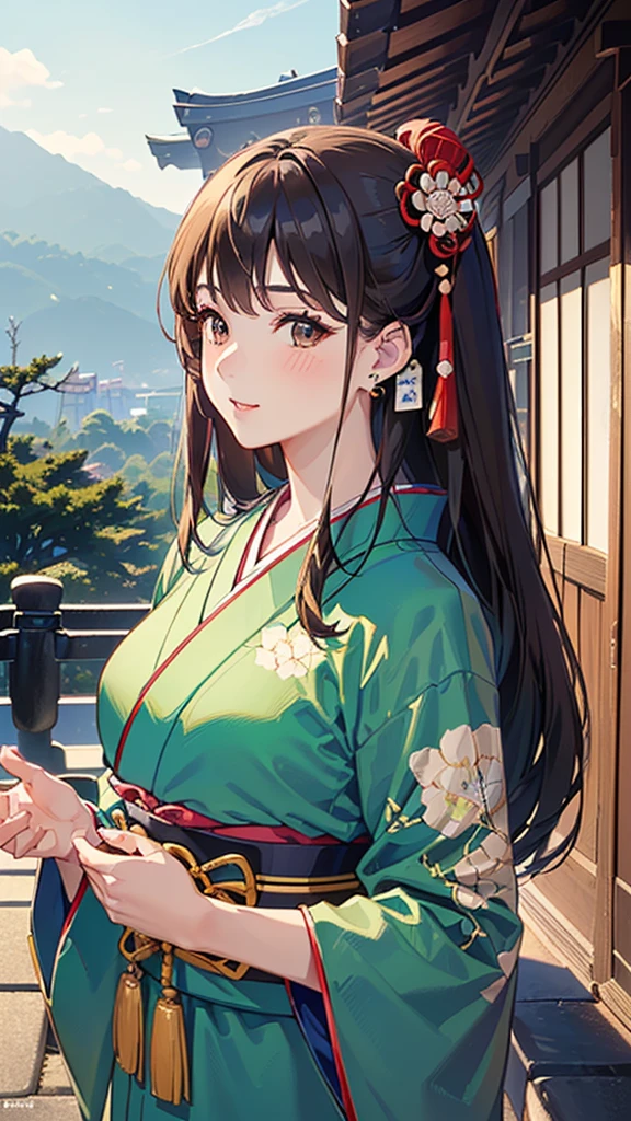 ((1girl, female, European woman, pale skin, brown hair, long hair, makeup, pierced ears, jewelry, green kimono, kimon:1.2)),(masterpiece), (((highest quality))), ((Super detailed)), ((Ultra-fine illustrations)), ((Ultra-fine painting)), (16K Highest quality wallpaper:1.4), (Upper Body:1.6), High resolution, (Highly detailed and subtle illustration style:1.8), Detailed skin texture, Detailed cloth texture, green kimono, Very detailed explanation, (Tmasterpiece), (Highly detailed face:1.2), (Very detailed beautiful eyes:1.2), original, RAW Photos, Professional, Intricate details, Super Detail, Direct sunlight:1.6, (Perfect Anatomy:1.4), (Extremely elaborate hands:1.2), (Highly detailed fingers:1.2), (Very dexterous fingers:1.2), (2), Genuine, (alone:1.6), (A traditional Japanese sacred shrine maiden:1.4)), (long flowing green kimono), (Beautiful and well-shaped medium :1.2), (Beautiful and shapely butt), ar brown eyes that shine beautifully in every detail:1.6), (Very delicate and detailed brown eyes:1.2), (Highly detailed face:1.4), (smile:1.3), (blush:1.2), (facing viewer, looking forward,) break, (Japan shrine, Colorful and divine々Beautiful traditional shrine maiden costume:1.4), (Traditional Japanese clothing:1.2) break (Highly detailed and beautiful Ise Shrine in Mie Prefecture just after noon in spring in the background:1.6), Ise Shrine:1.2, Torii gate of Ise Shrine:1.2, The precincts of Ise Shrine:1.2, Very beautiful against the clear sky after noon.:1.2 brake