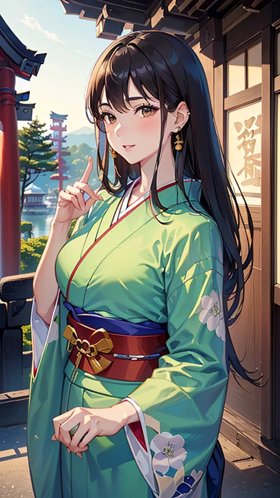 ((1girl, female, European woman, pale skin, brown hair, long hair, makeup, pierced ears, jewelry, green kimono, kimon:1.2)),(masterpiece), (((highest quality))), ((Super detailed)), ((Ultra-fine illustrations)), ((Ultra-fine painting)), (16K Highest quality wallpaper:1.4), (Upper Body:1.6), High resolution, (Highly detailed and subtle illustration style:1.8), Detailed skin texture, Detailed cloth texture, green kimono, Very detailed explanation, (Tmasterpiece), (Highly detailed face:1.2), (Very detailed beautiful eyes:1.2), original, RAW Photos, Professional, Intricate details, Super Detail, Direct sunlight:1.6, (Perfect Anatomy:1.4), (Extremely elaborate hands:1.2), (Highly detailed fingers:1.2), (Very dexterous fingers:1.2), (2), Genuine, (alone:1.6), (A traditional Japanese sacred shrine maiden:1.4)), (long flowing green kimono), (Beautiful and well-shaped medium breasts:1.2), (Beautiful and shapely butt), (Clear brown eyes that shine beautifully in every detail:1.6), (Very delicate and detailed brown eyes:1.2), (Highly detailed face:1.4), (smile:1.3), (blush:1.2), (facing viewer, looking forward,) break, (Japan shrine, Colorful and divine々Beautiful traditional shrine maiden costume:1.4), (Traditional Japanese clothing:1.2) break (Highly detailed and beautiful Ise Shrine in Mie Prefecture just after noon in spring in the background:1.6), Ise Shrine:1.2, Torii gate of Ise Shrine:1.2,  The precincts of Ise Shrine:1.2, Very beautiful against the clear sky after noon.:1.2 brake 