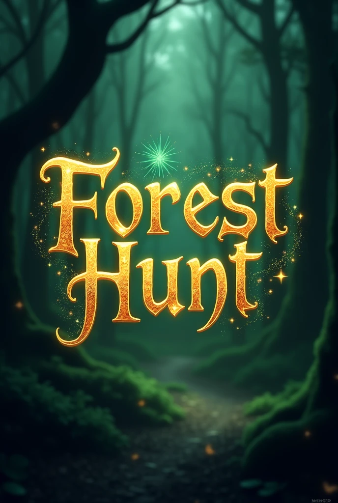 Create logo with the word Forest Hunt in a mystic & fantasy style. Font should be elegant sharp glowing golden and beautiful with enchanted 