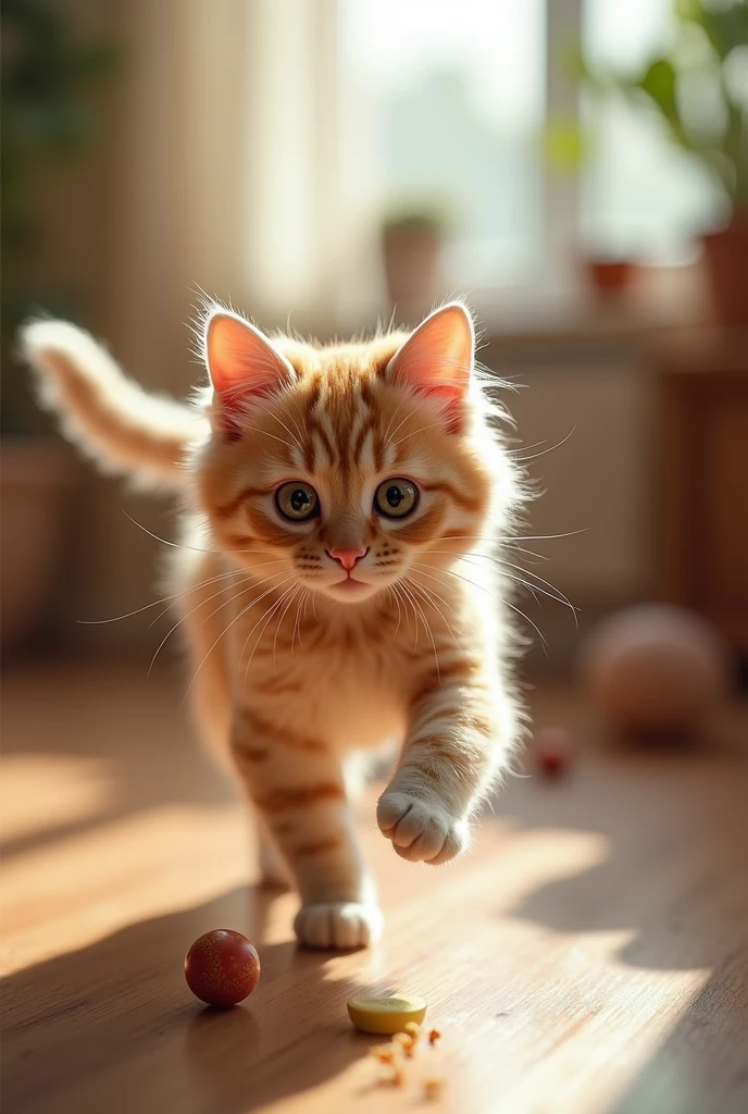 Please create for me a photo of a beautiful, realistic cat playing around in the house