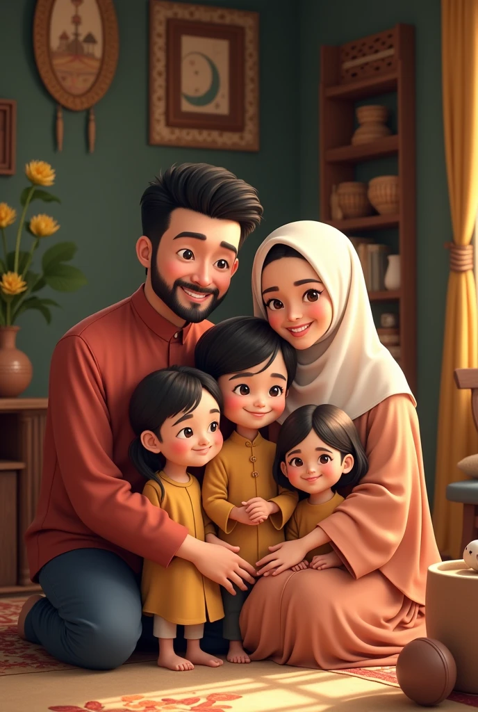 Muslim malay family, husband and wife with 4 children