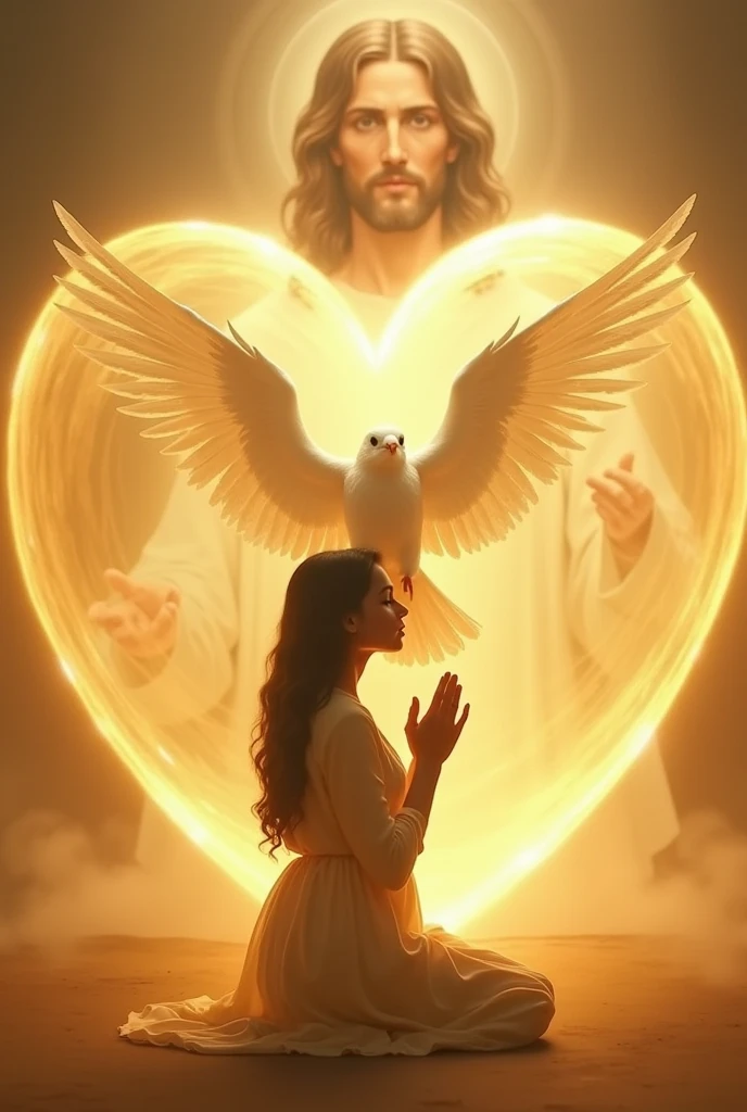 in side a big golden transparent heart 20 year girl praying and big white dove ,wings open stays flaying above head, looks like inside heart,like inside awomb,jesus face from background